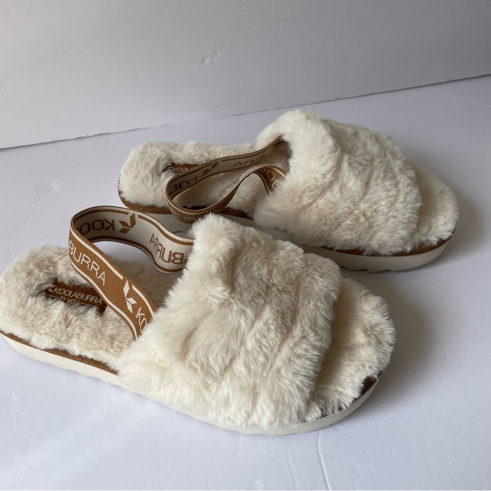 Koolaburra UGG womens fuzz'n II slide on fur slippers sandals natural size 7